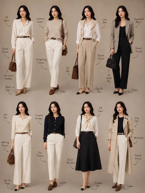 Minimalist female fashion lookbook collage on a neutral background