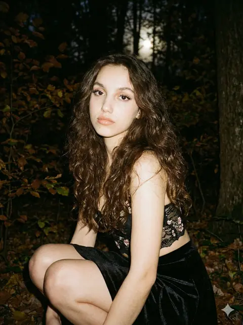 Girl walking through a moonlit autumn forest captured on vintage film