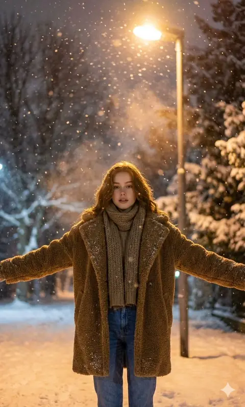 Couple embracing under a warm streetlight as snow falls at night