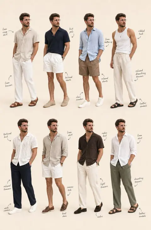 Editorial grid showing eight summer outfit variations of the same model