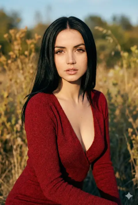 Portrait of a woman in red knit catching sunset light through her hair