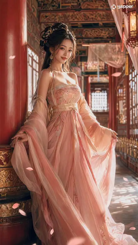 Woman in Tang-style hanfu beside red lacquered pillars in a Chinese palace hall