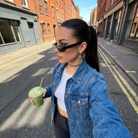 Fashion girl holding a matcha drink while walking through a sunlit urban street