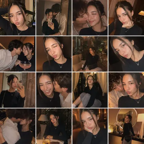 4x4 grid of nostalgic vacation snapshots of a couple in a vintage hotel