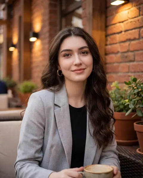 Portrait outside a warm-toned street cafe in late afternoon light