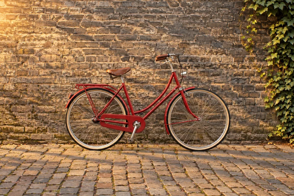 The same red bicycle and brick wall in warm sunset light