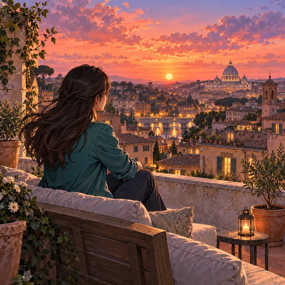 Illustrated woman sitting above a city beneath a colorful sunset sky