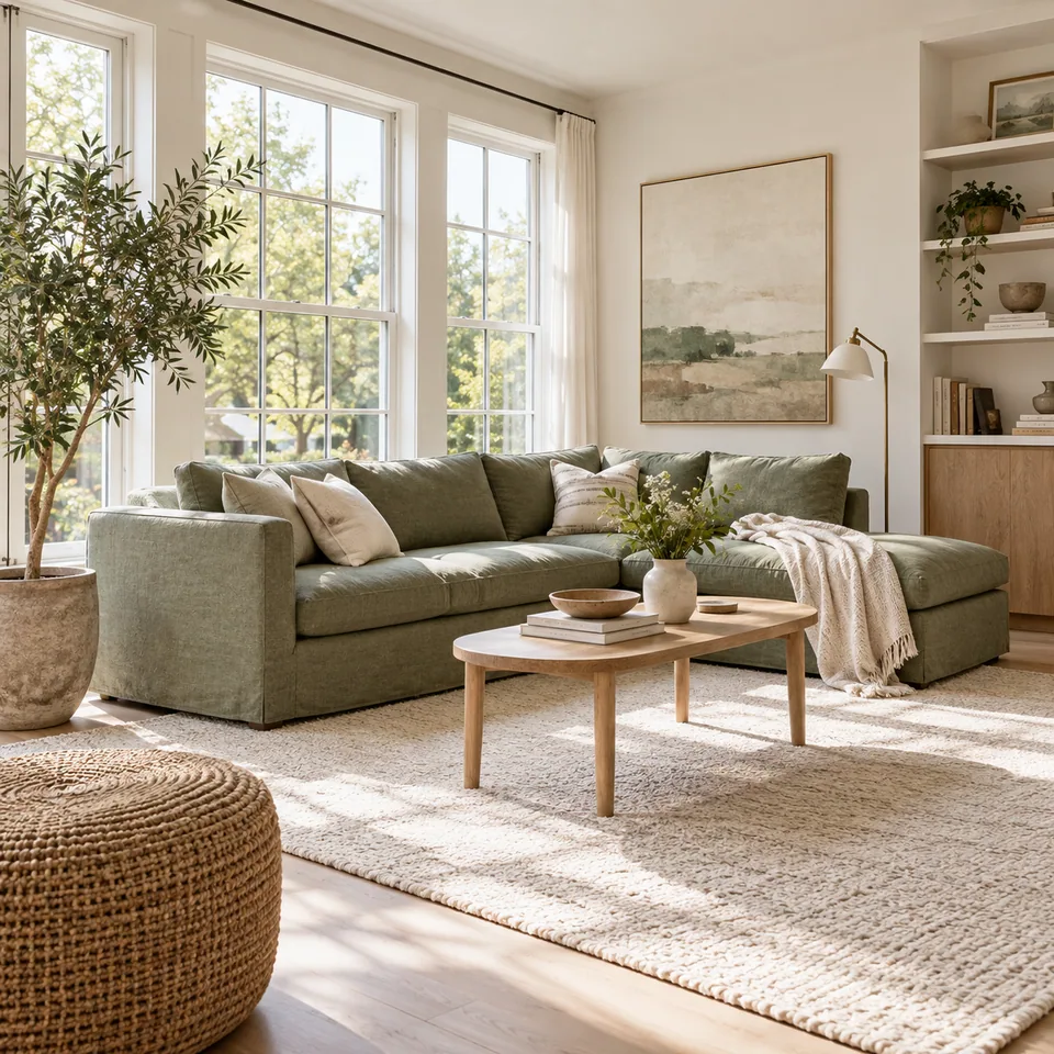 Sunlit living room with large windows, a sage green linen sofa, and a leafy plant