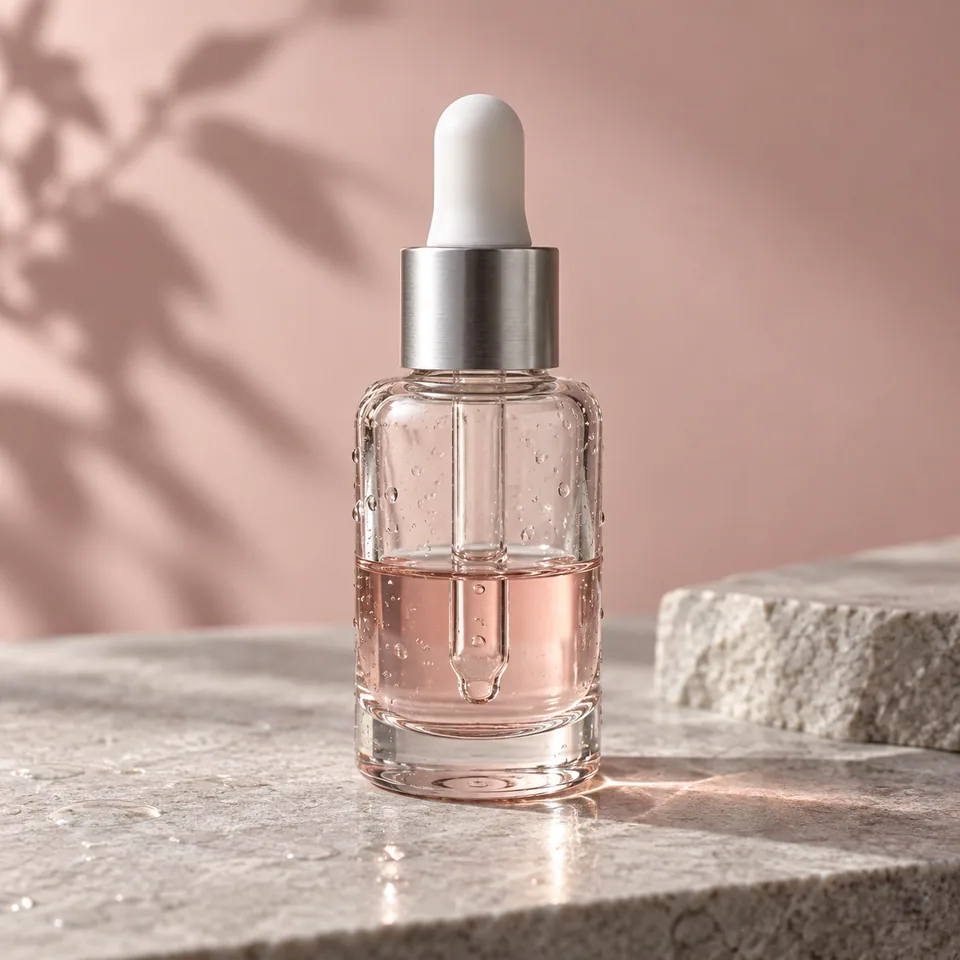 Clear skincare dropper bottle with a silver collar, white pipette, pale pink liquid, and water droplets