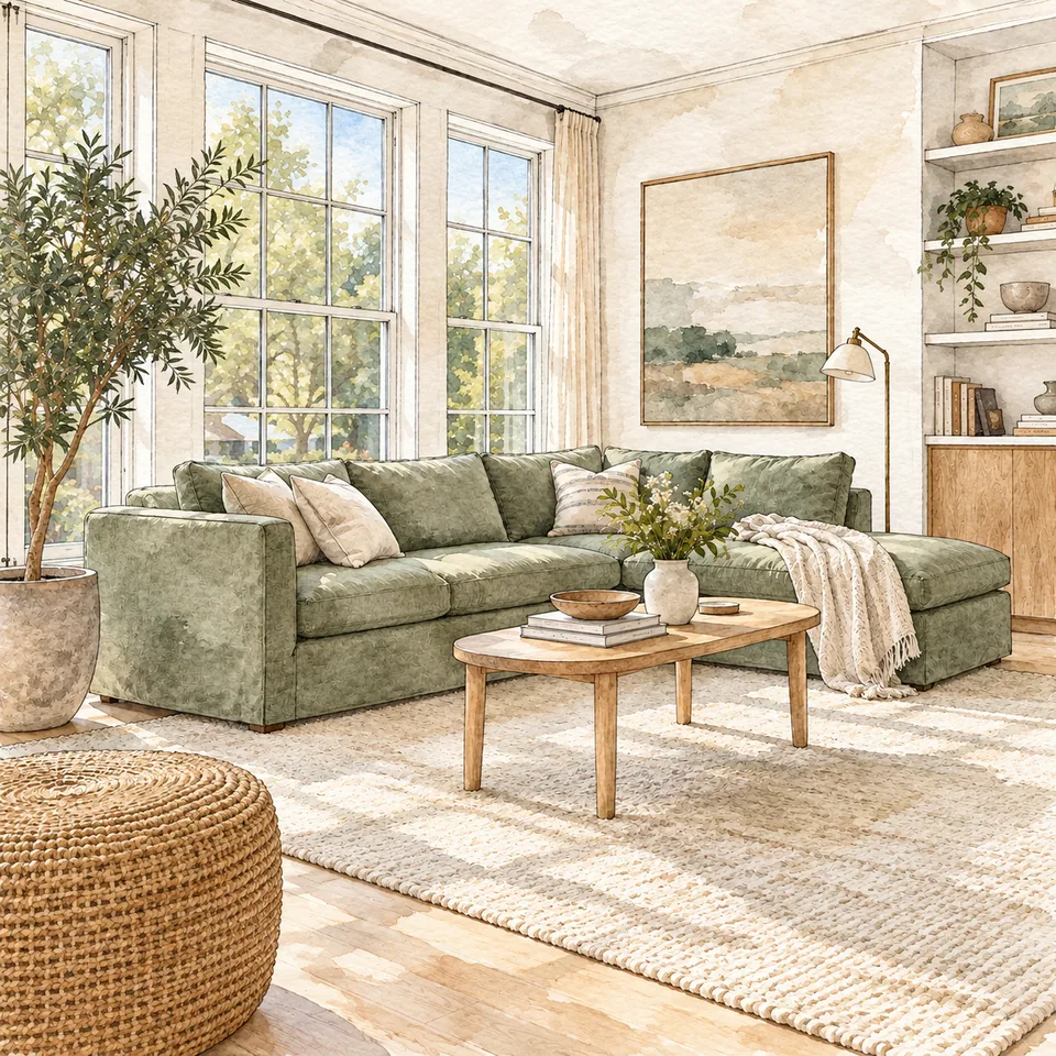 Watercolor interpretation of the same living room and furniture arrangement