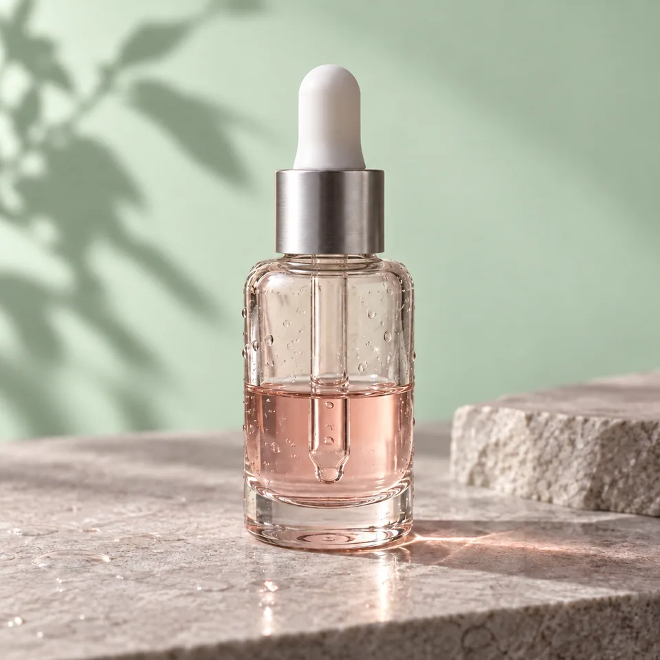 The same glass dropper bottle and stone setting against a mint green background