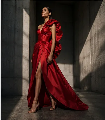 Z Image Turbo example — high-fashion editorial portrait in a red gown